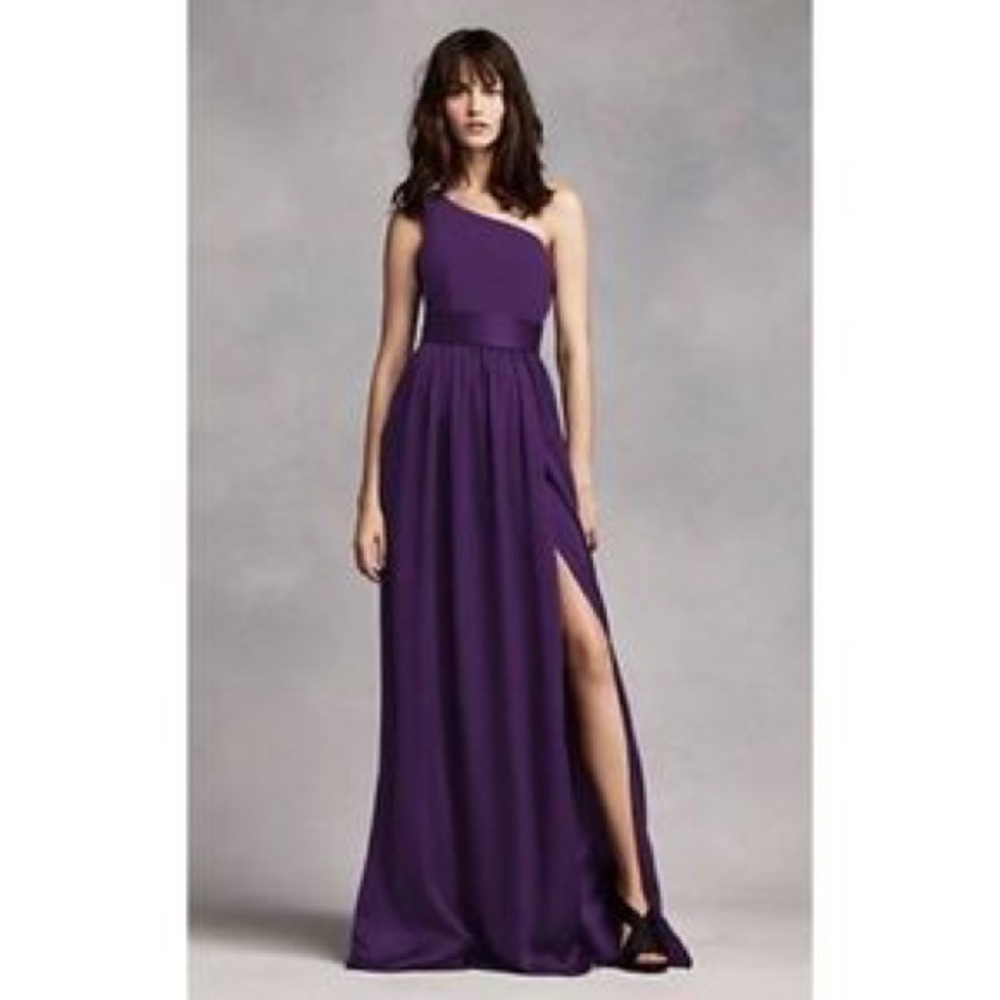 White by Vera Wang Long Bridesmaids dress in purple.